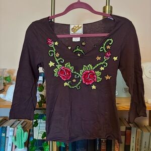 Soul Revival Dark Brown Floral Embroidered Blouse